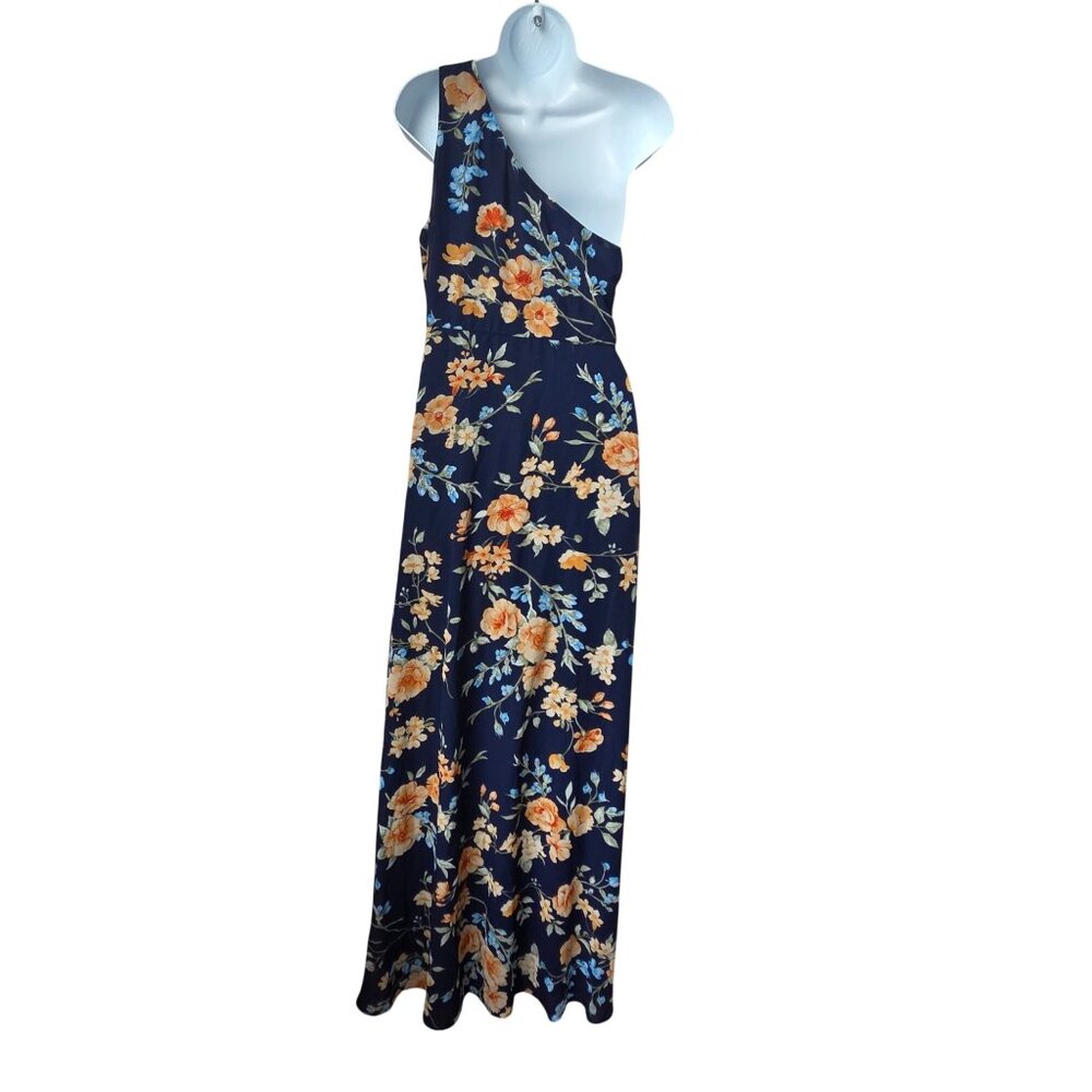 Lulus Elegant Admiration Navy Blue Floral One Shoulder Maxi Dress Medium - Picture 9 of 11